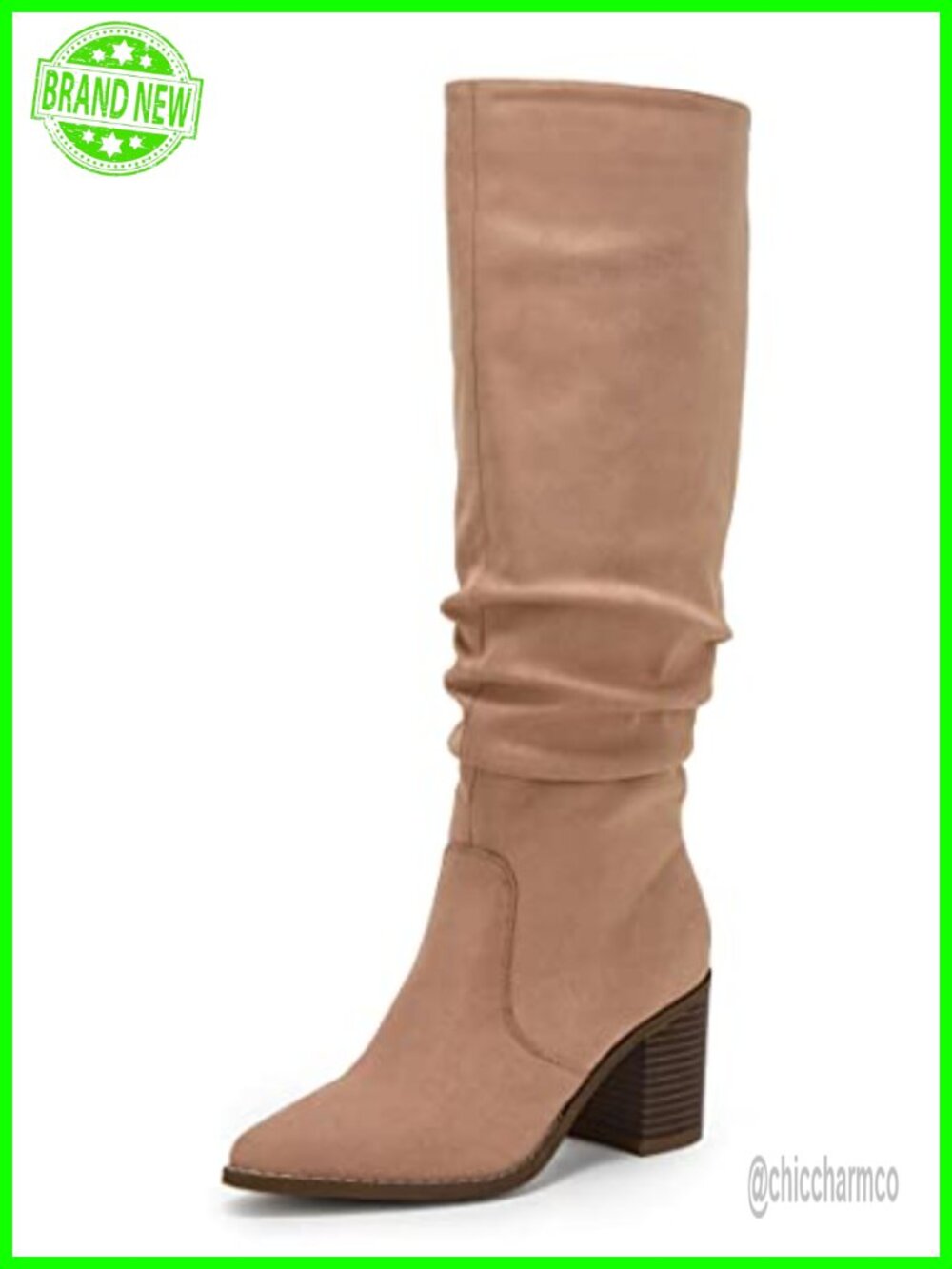 Pointed Toe Mid Chunky Heel Knee High Boots Side Zipper Faux Suede Tall Boots